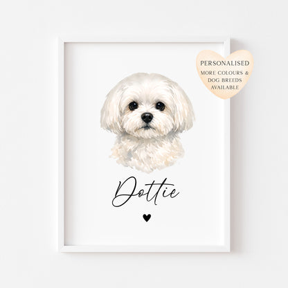 Personalised Maltese Dog Print Custom Name Pet portrait watercolour unframed wall art