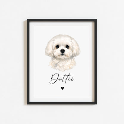 Personalised Maltese Dog Print Custom Name Pet portrait watercolour unframed wall art
