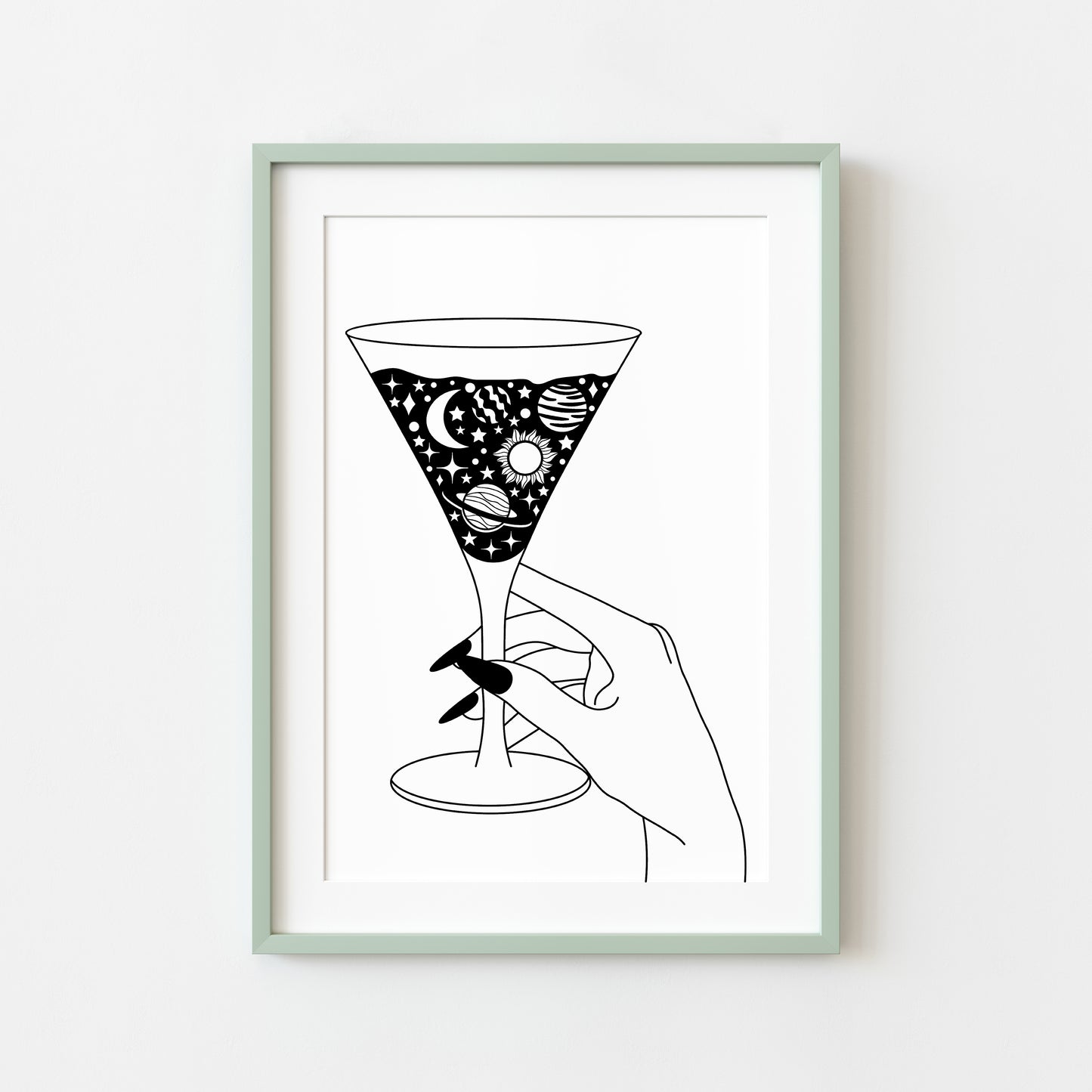 Martini glass solar system celestial line drawing kitchen motivational bedroom office unframed wall art print, gift ideas, kitchen wall art