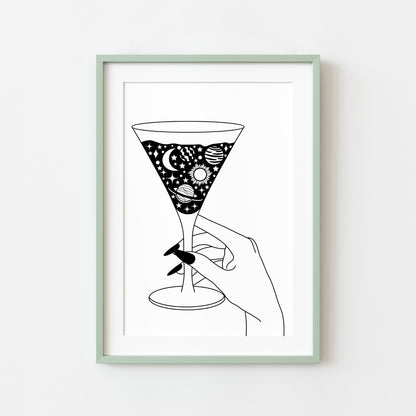 Martini glass solar system celestial line drawing kitchen motivational bedroom office unframed wall art print, gift ideas, kitchen wall art