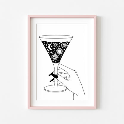 Bedroom kitchen print, Celestial Martini glass solar system kitchen bar bedroom unframed wall art poster print