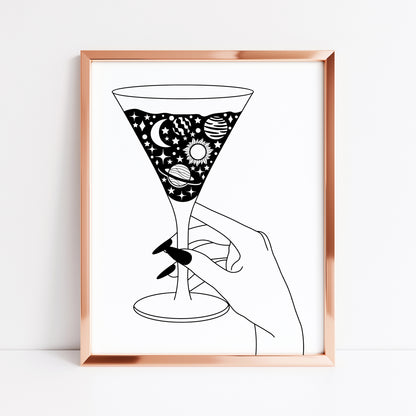 Martini glass solar system celestial line drawing kitchen motivational bedroom office unframed wall art print, gift ideas, kitchen wall art