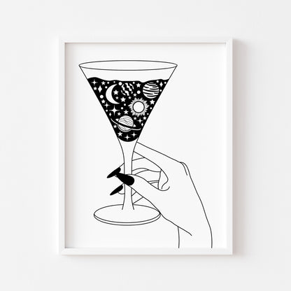 Bedroom kitchen print, Celestial Martini glass solar system kitchen bar bedroom unframed wall art poster print