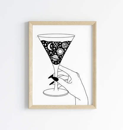 Bedroom kitchen print, Celestial Martini glass solar system kitchen bar bedroom unframed wall art poster print