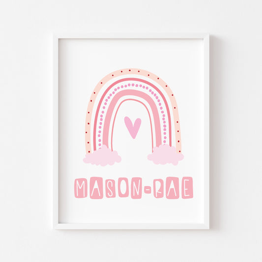 Personalised rainbow print, nursery kids bedroom pink unframed wall art poster