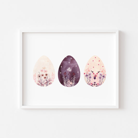 Easter print, Easter eggs landscape floral mauve ,pink & purple unframed wall art poster print