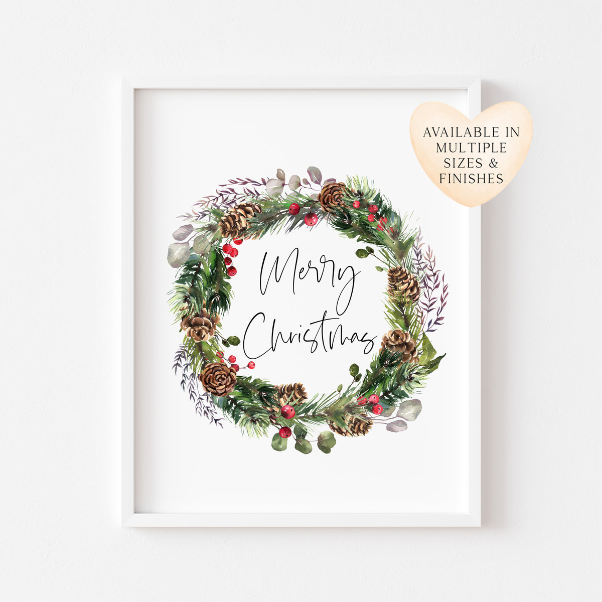 Merry Christmas acorns & berries winter foliage seasonal wreath unframed wall art poster print
