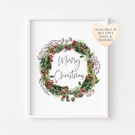 Merry Christmas acorns & berries winter foliage seasonal wreath unframed wall art poster print