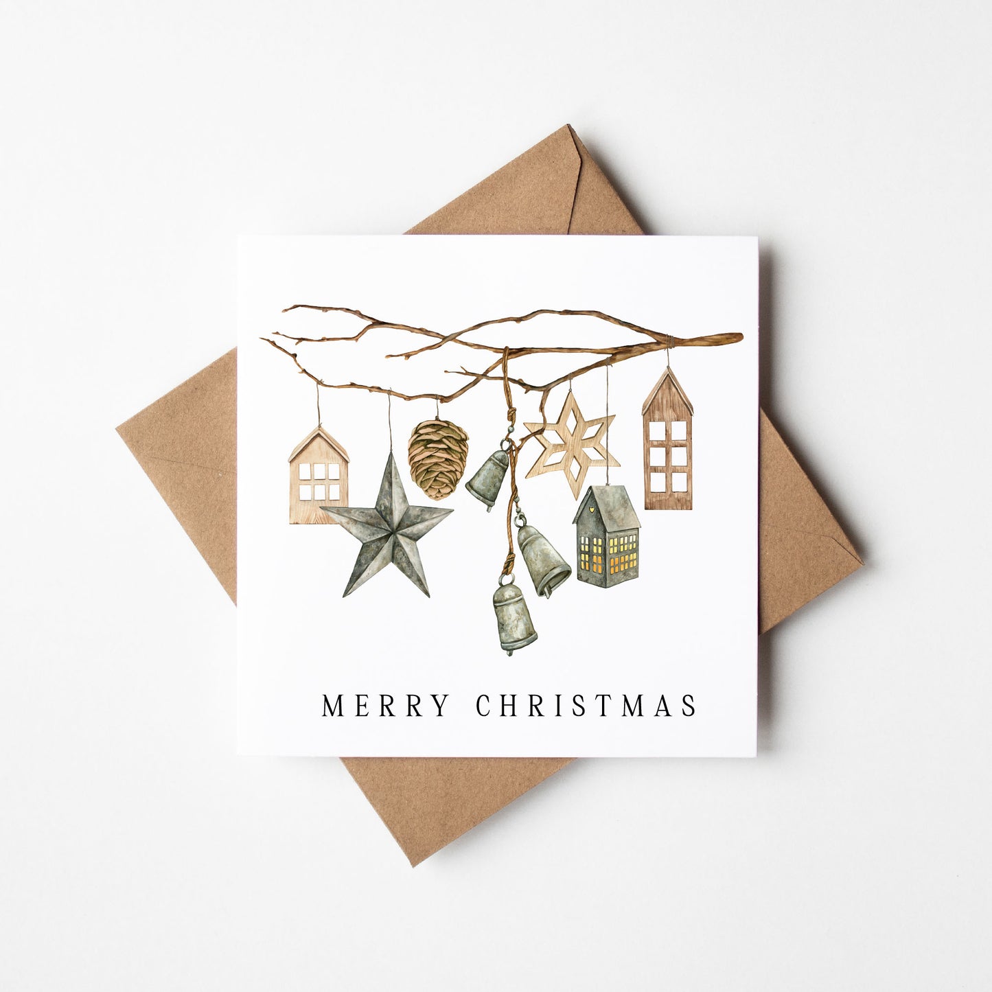 Christmas Card watercolour festive stars & bells xmas hanging decoration with envelope