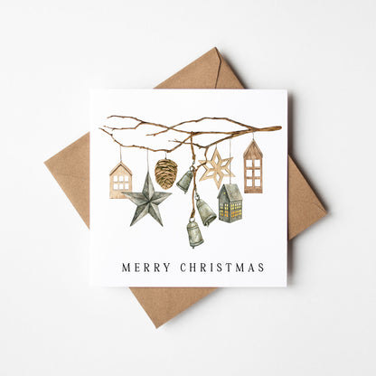 Christmas Card watercolour festive stars & bells xmas hanging decoration with envelope