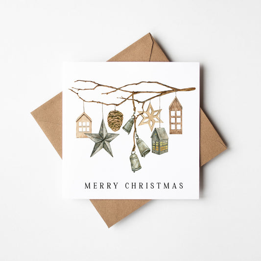 Christmas Card watercolour festive stars & bells xmas hanging decoration with envelope