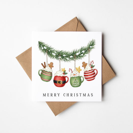 Christmas Card watercolour festive drinks hanging decoration with envelope