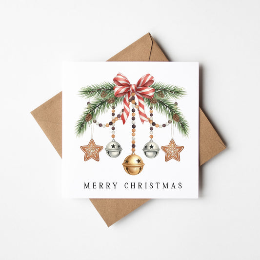 Christmas Card watercolour festive bells, stars & bow hanging decoration with envelope