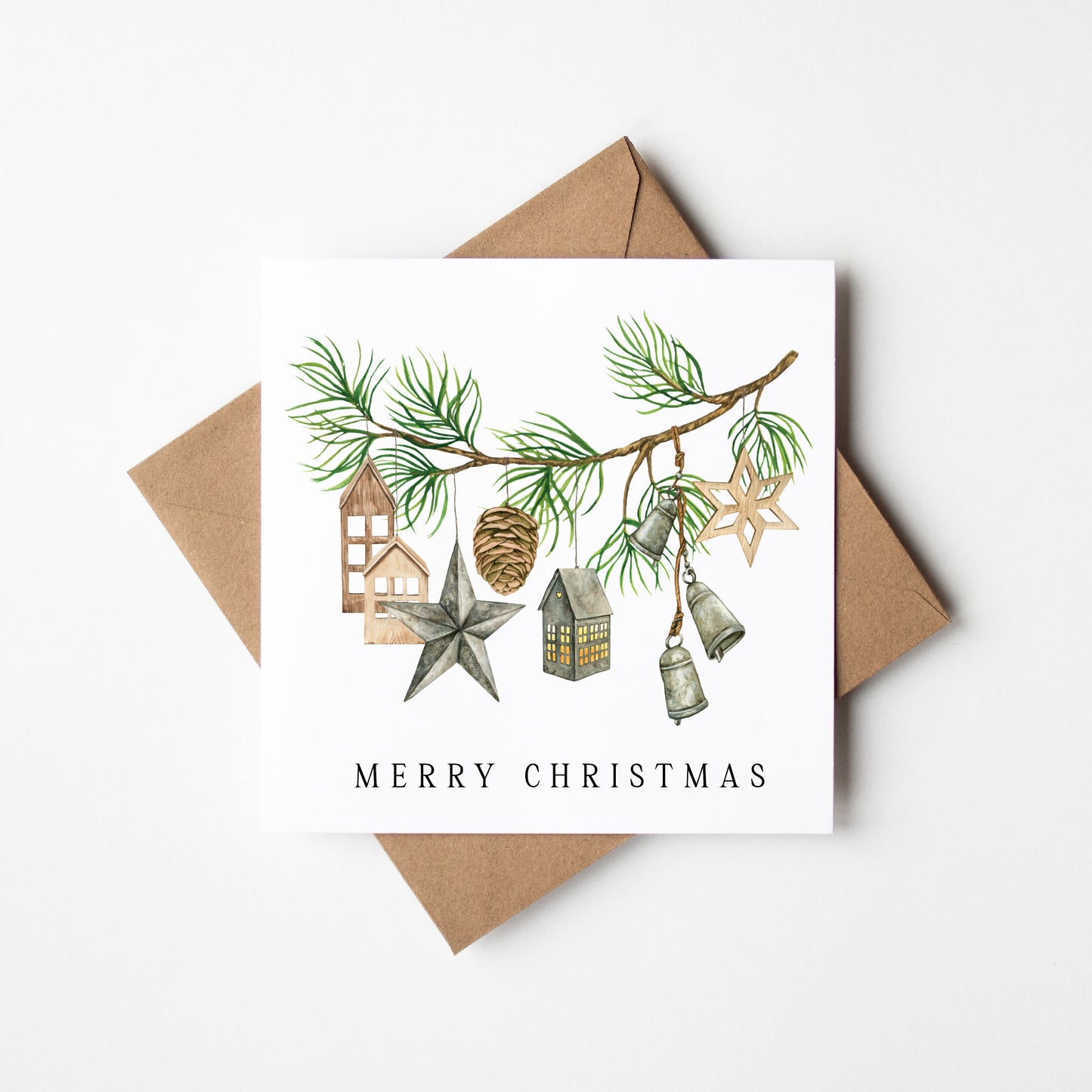 Christmas Card watercolour green festive xmas hanging decoration with envelope