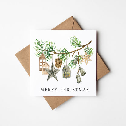 Christmas Card watercolour green festive xmas hanging decoration with envelope