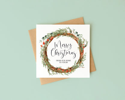 Merry Christmas festive red & green wreath from our home to yours Card (with Envelope)