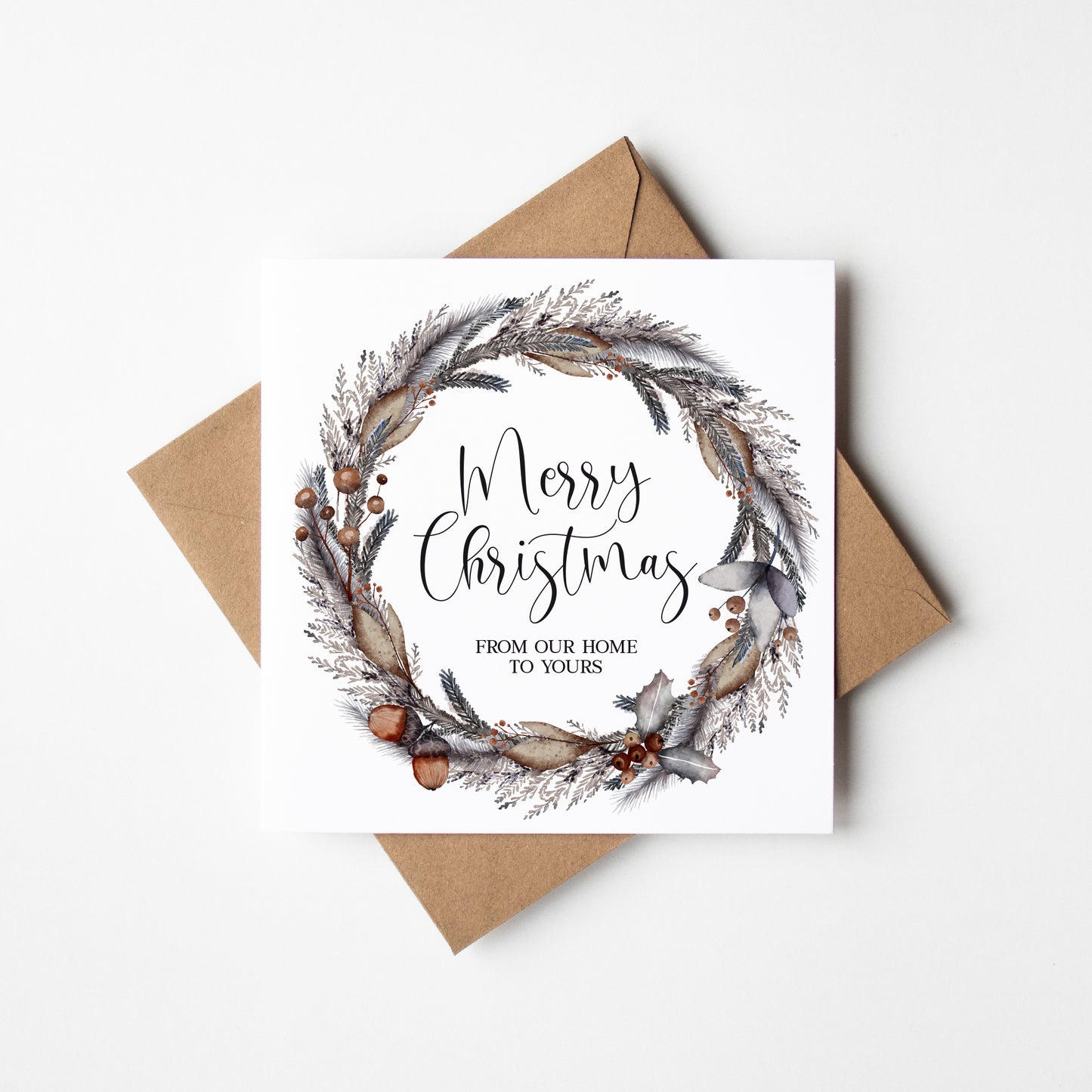 Merry Christmas festive brown & grey wreath from our home to yours Card (with Envelope)