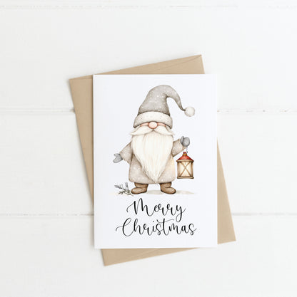 Christmas card, Merry Christmas gonk gnome neutral pretty watercolour Christmas seasonal greetings card, envelope,kraft brown or white