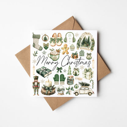 Christmas Card watercolour Merry Christmas green festive mood board with envelope
