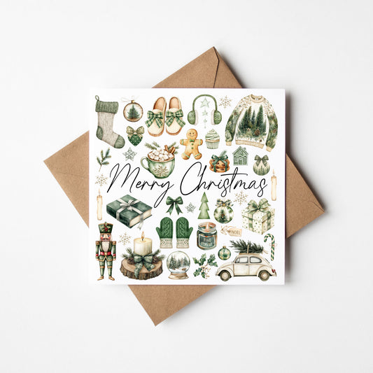 Christmas Card watercolour Merry Christmas green festive mood board with envelope