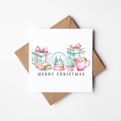 Christmas Card Pastel Pink & Mint Xmas Goodies watercolour unique card (with Envelope)