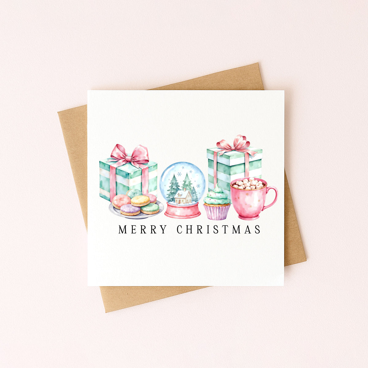 Christmas Card Pastel Pink & Mint Xmas Goodies watercolour unique card (with Envelope)