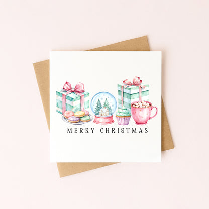 Christmas Card Pastel Pink & Mint Xmas Goodies watercolour unique card (with Envelope)