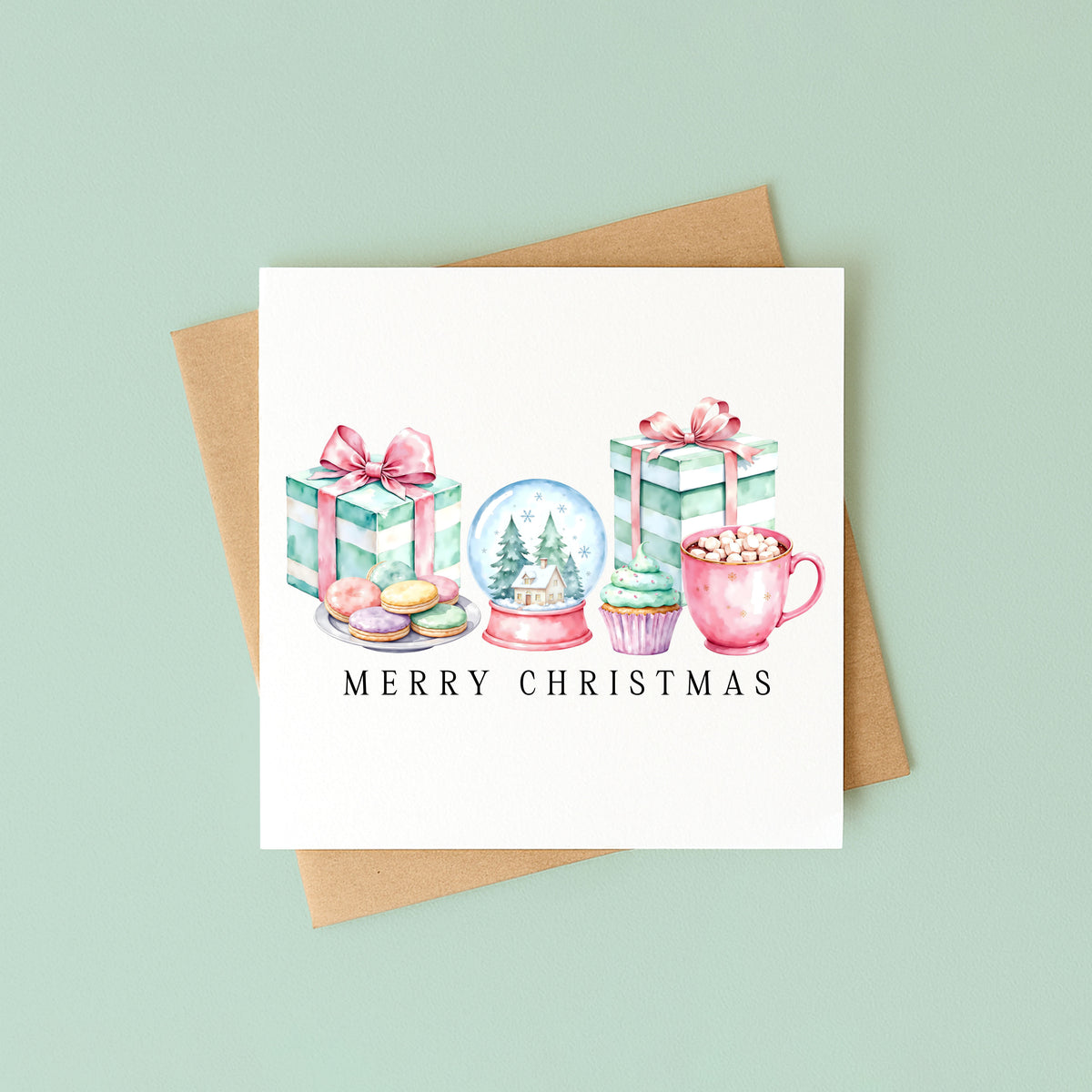 Christmas Card Pastel Pink & Mint Xmas Goodies watercolour unique card (with Envelope)