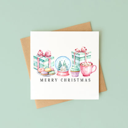 Christmas Card Pastel Pink & Mint Xmas Goodies watercolour unique card (with Envelope)