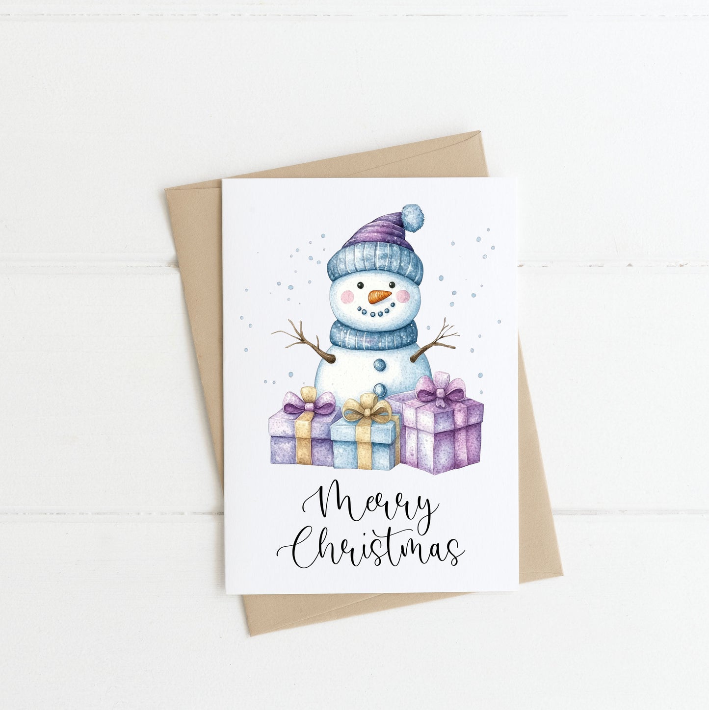 Christmas card, Merry Christmas cute snowman blue purple xmas presents watercolour winter greetings card, envelope,kraft brown or white