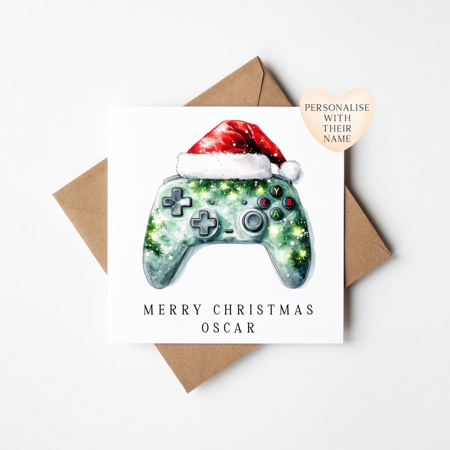 Gaming xbox watercolour green & black Christmas Card (with Envelope)