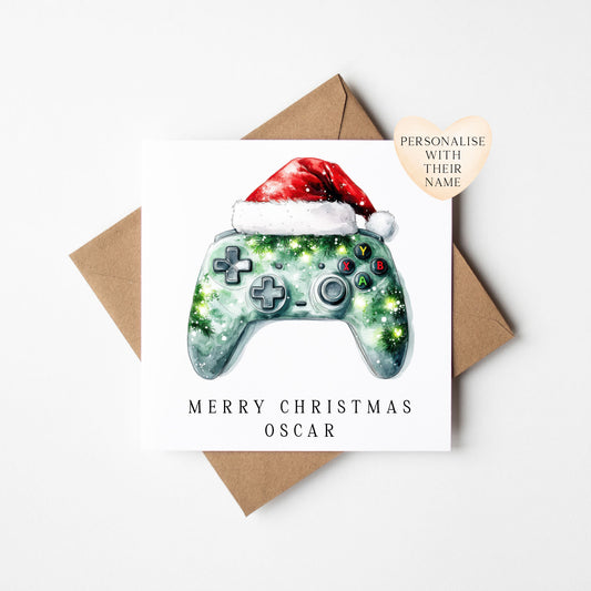 Gaming xbox watercolour green & black Christmas Card (with Envelope)