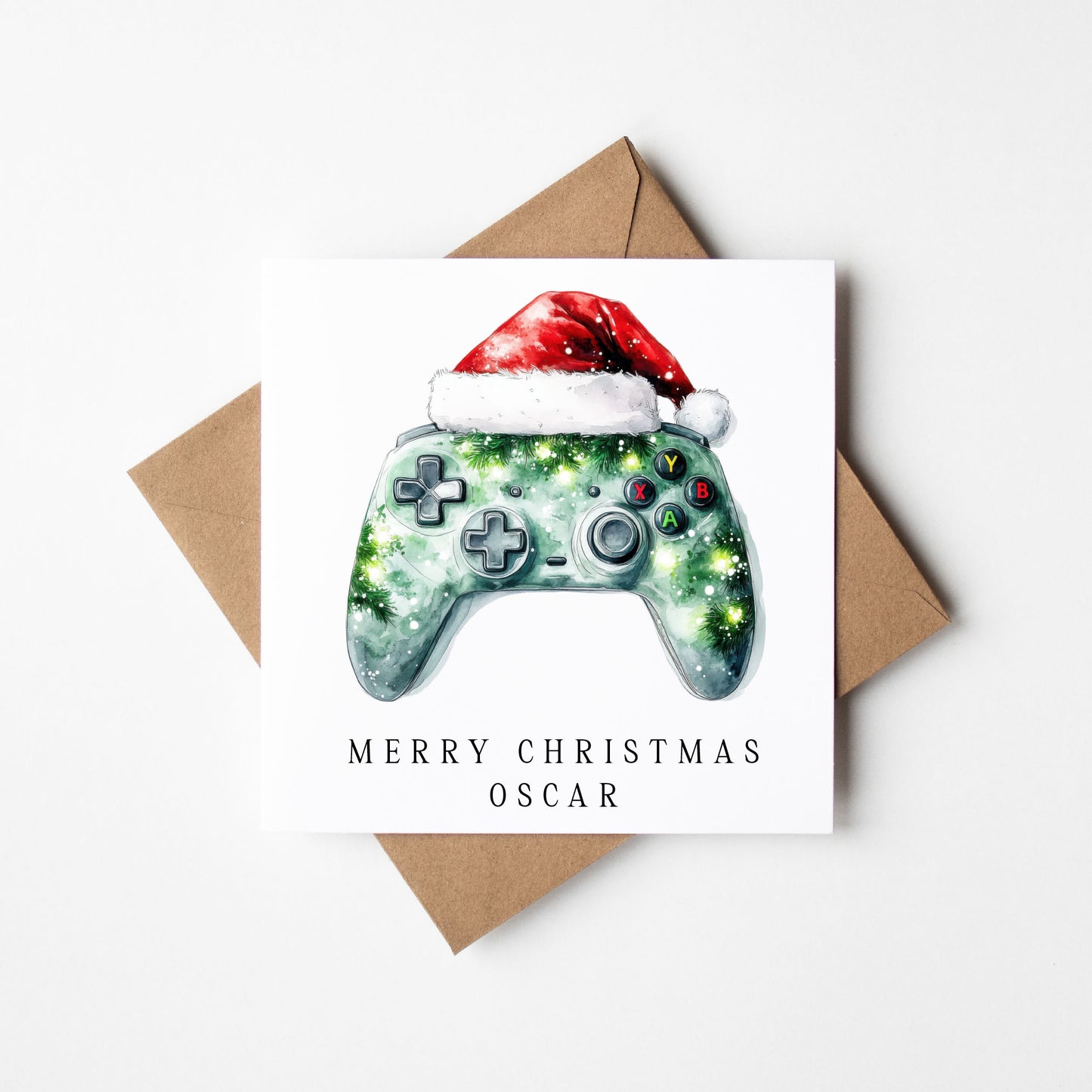 Gaming xbox watercolour green & black Christmas Card (with Envelope)