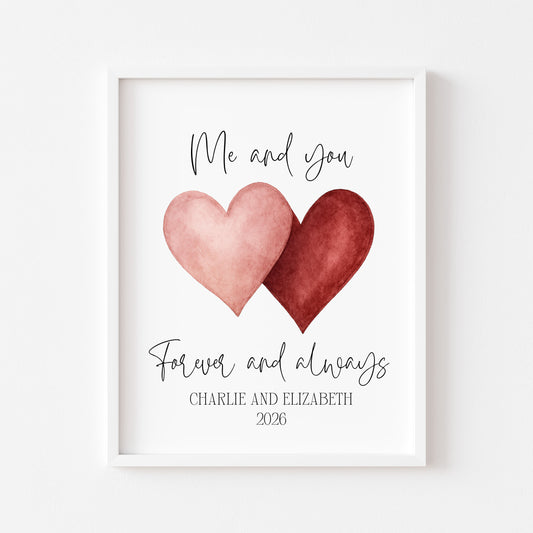 Personalised Couples Print Me & you forever watercolour love hearts Wall Art (unframed)