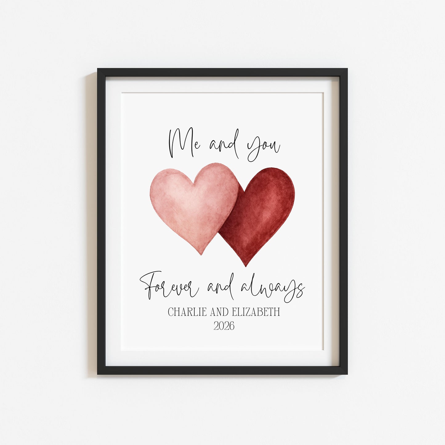 Personalised Couples Print Me & you forever watercolour love hearts Wall Art (unframed)