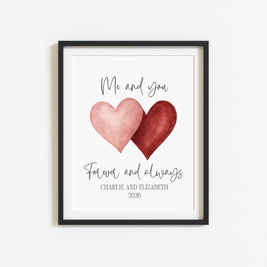 Personalised Couples Print Me & you forever watercolour love hearts Wall Art (unframed)