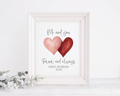 Personalised Couples Print Me & you forever watercolour love hearts Wall Art (unframed)