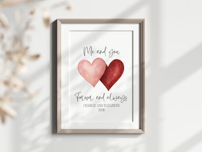Personalised Couples Print Me & you forever watercolour love hearts Wall Art (unframed)
