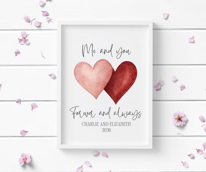 Personalised Couples Print Me & you forever watercolour love hearts Wall Art (unframed)