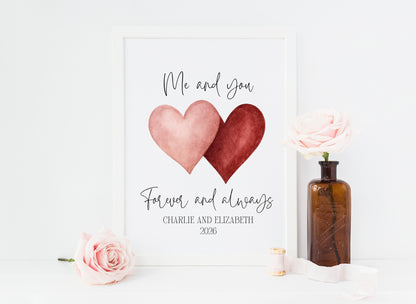 Personalised Couples Print Me & you forever watercolour love hearts Wall Art (unframed)