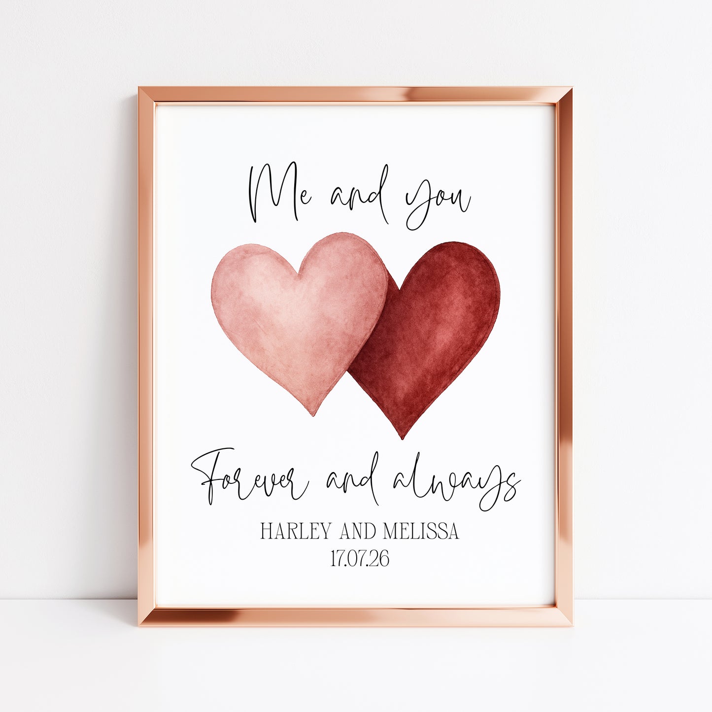 Personalised Couples Print Me & you forever watercolour love hearts Wall Art (unframed)