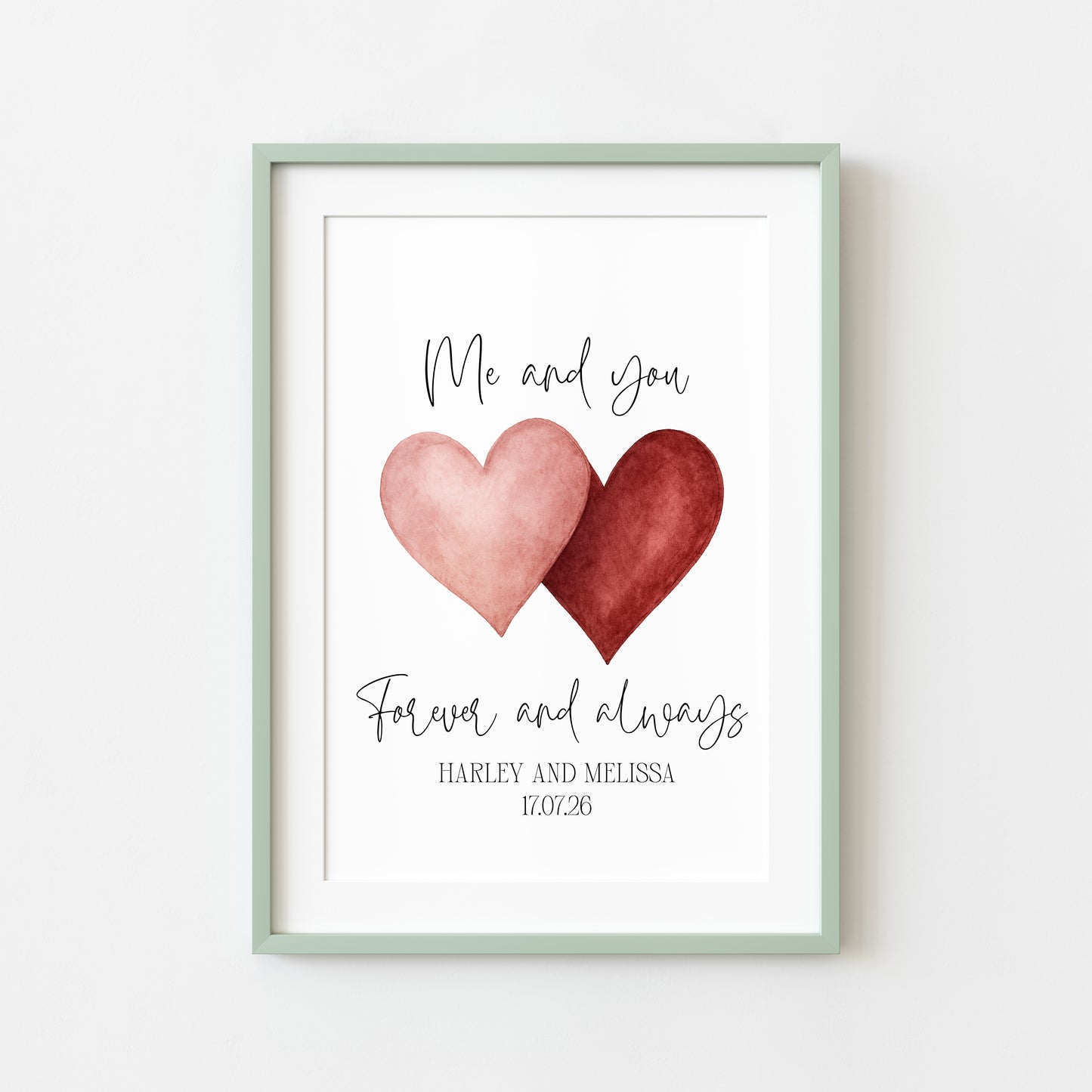 Personalised Couples Print Me & you forever watercolour love hearts Wall Art (unframed)