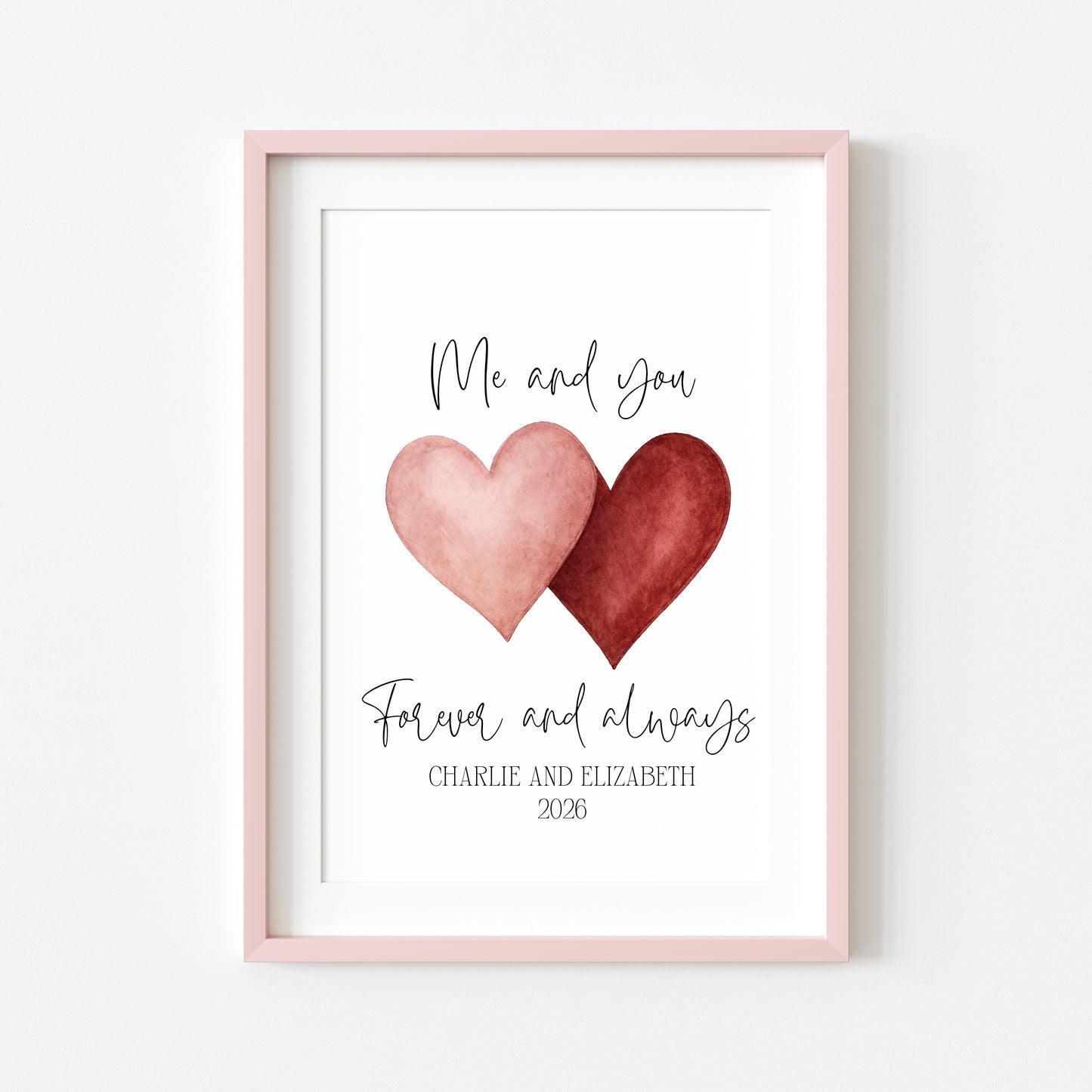 Personalised Couples Print Me & you forever watercolour love hearts Wall Art (unframed)