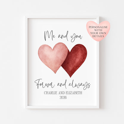 Personalised Couples Print Me & you forever watercolour love hearts Wall Art (unframed)