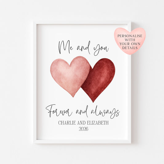 Personalised Couples Print Me & you forever watercolour love hearts Wall Art (unframed)