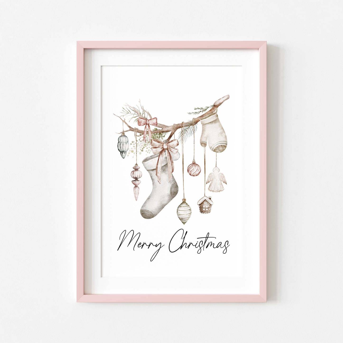 Christmas Print Watercolour Beige white red hanging decorations Wall Art (unframed)