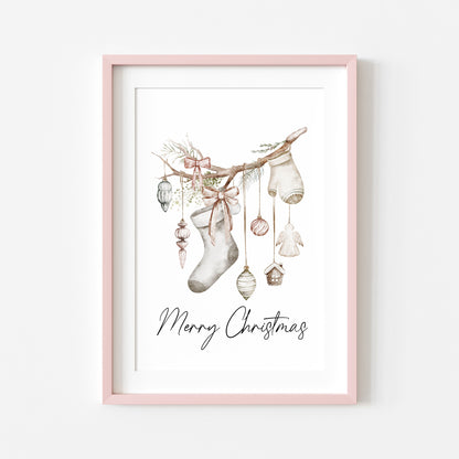 Christmas Print Watercolour Beige white red hanging decorations Wall Art (unframed)