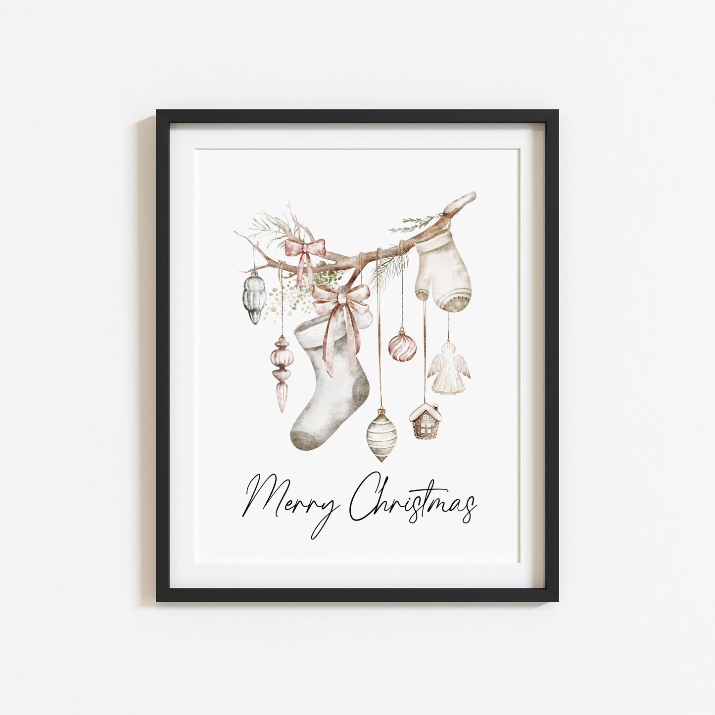 Christmas Print Watercolour Beige white red hanging decorations Wall Art (unframed)