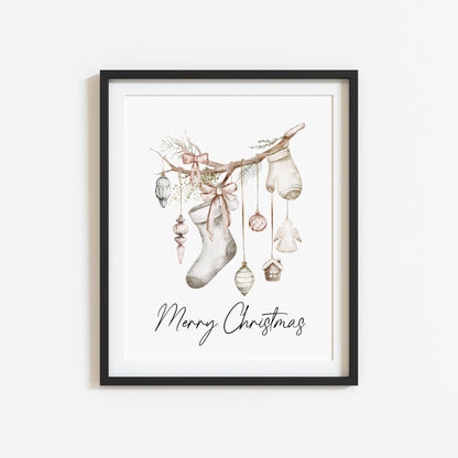 Christmas Print Watercolour Beige white red hanging decorations Wall Art (unframed)