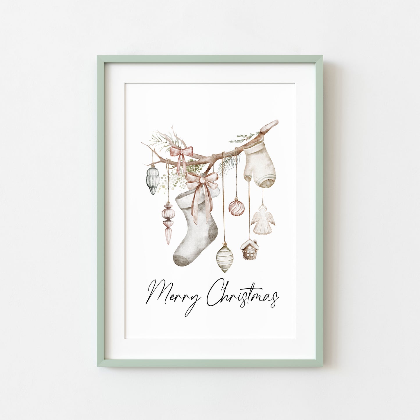 Christmas Print Watercolour Beige white red hanging decorations Wall Art (unframed)